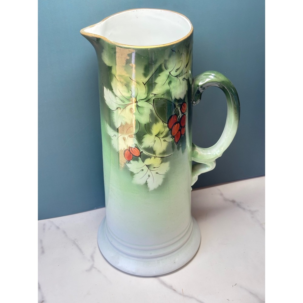 Vtg Usona Goodwin Hand Painted Ceramic Tankard Pitcher Green Floral Berry  13""